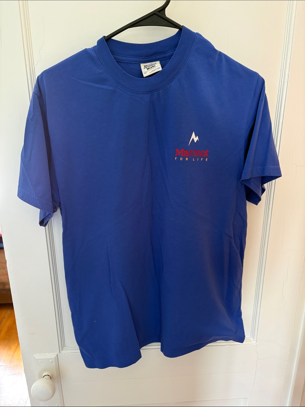 Marmot Men's Short Sleeve Tee in Royal Blue with White & Red Logo